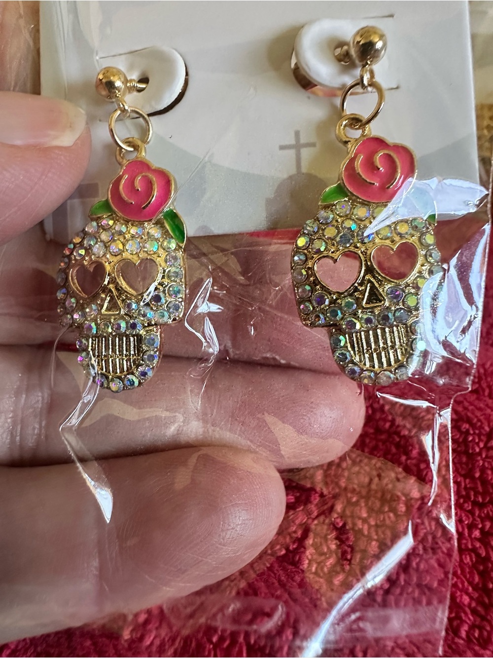 Gold-Tone Pink Rose Skull Drop Earrings with Crystal Accents